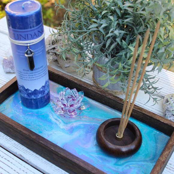 Candle Holder, Incense Holder W/Abundance Candle and Blue Goldstone, Amethyst - Picture 3 of 3